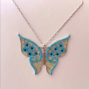 Blue butterfly 925 silver enamel necklace